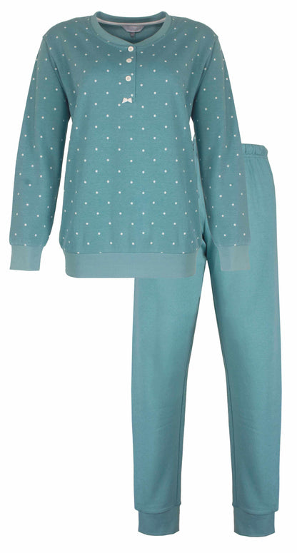 Groene fleece dames pyjama met witte stippen, lange mouwen en bijpassende broek