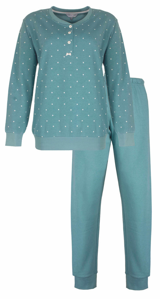 Groene fleece dames pyjama met witte stippen, lange mouwen en bijpassende broek