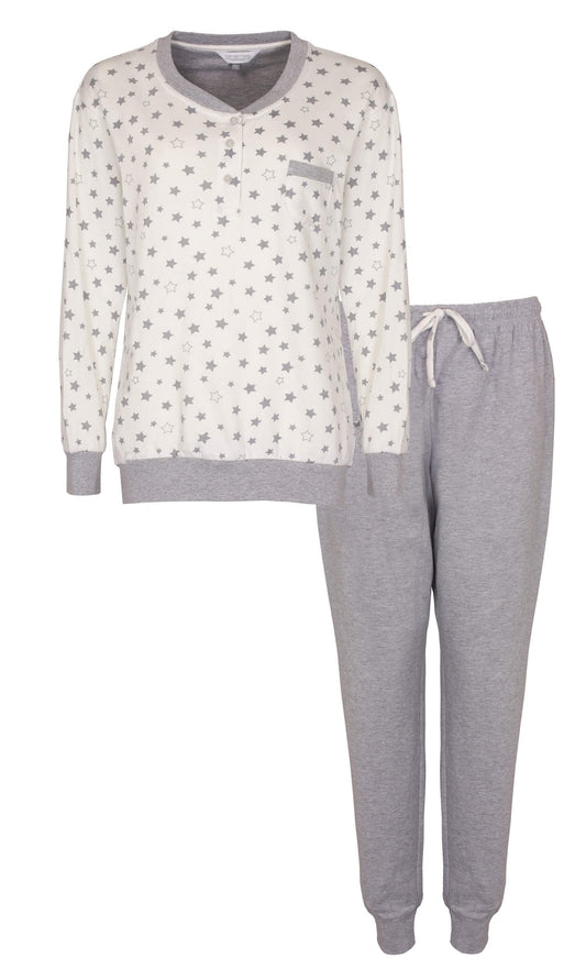 Grijze fleece pyjama set voor dames met witte top met sterrenprint en grijze broek met trekkoord