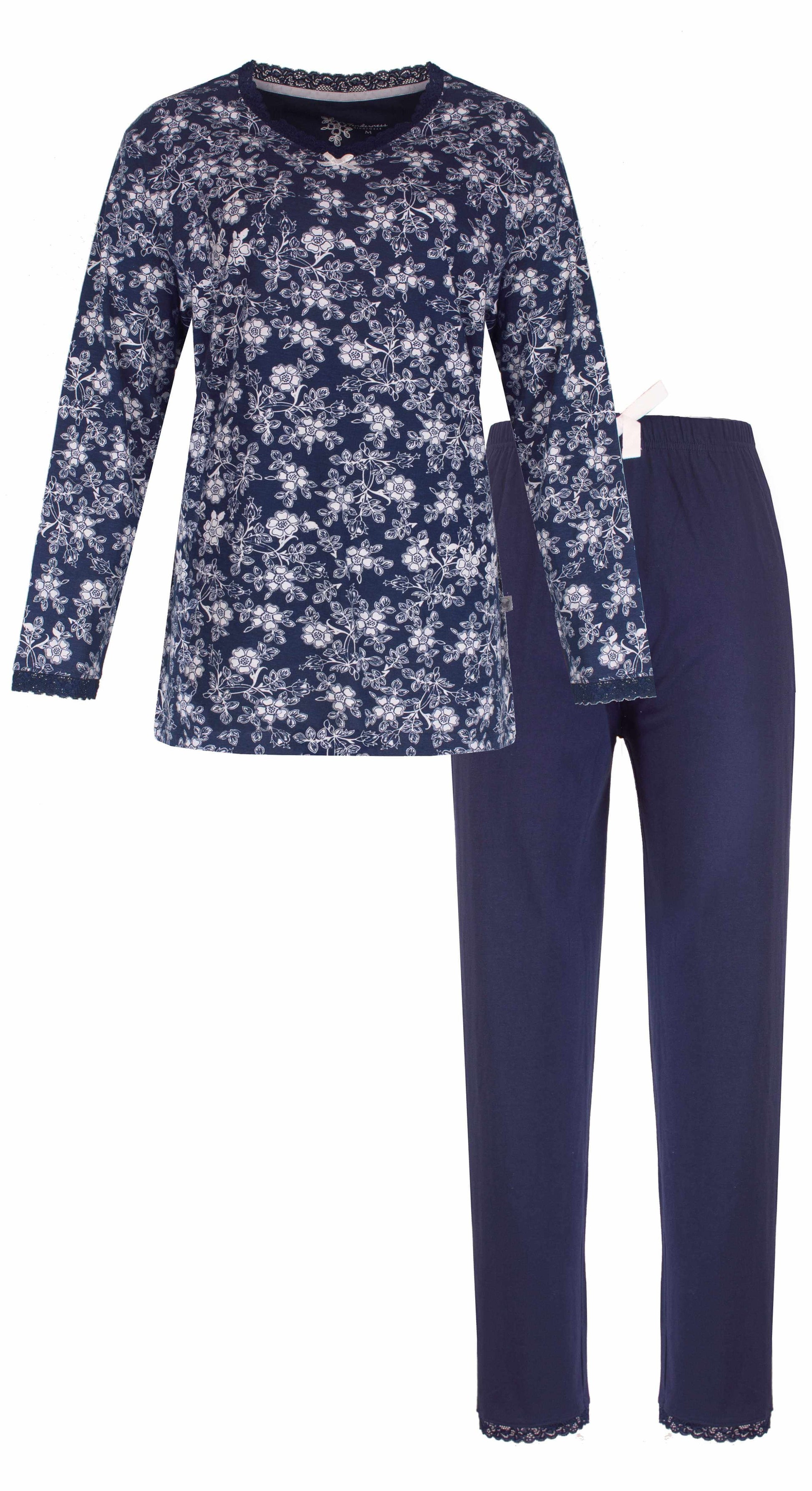 Blauwe dames pyjama set met gebloemd dessin, lange mouwen en lange broek, gemaakt van katoen.