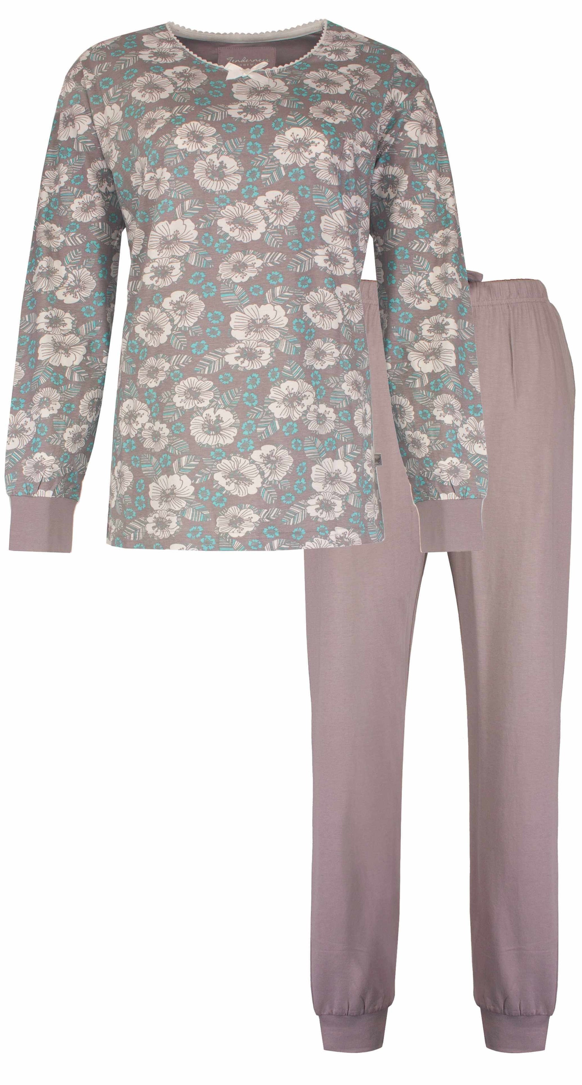Bruine dames pyjama met witte en turquoise bloemenprint, lange mouwen en bijpassende effen broek