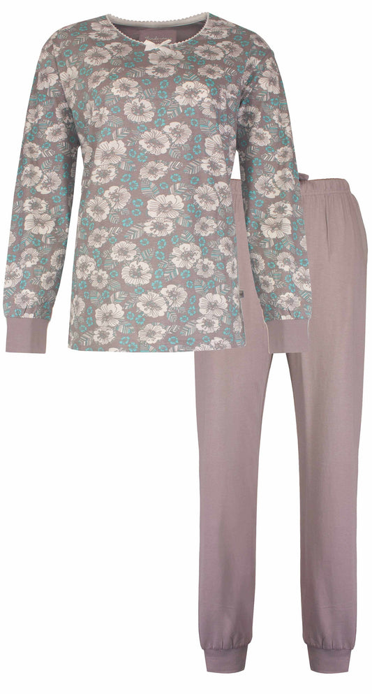 Bruine dames pyjama met witte en turquoise bloemenprint, lange mouwen en bijpassende effen broek
