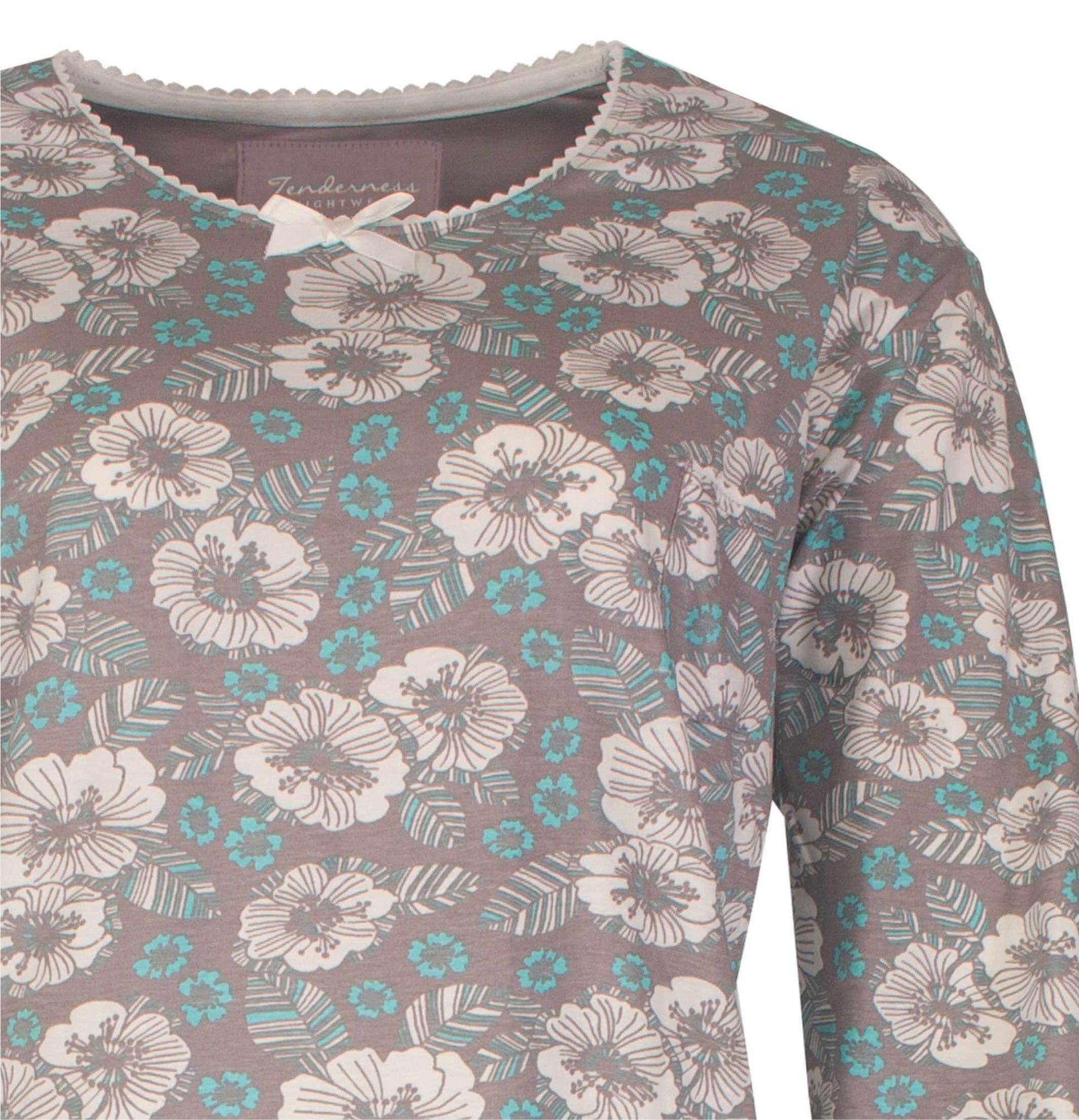 Bruine pyjama met wit en turquoise bloemenpatroon, ronde hals met strikje en scalloped rand