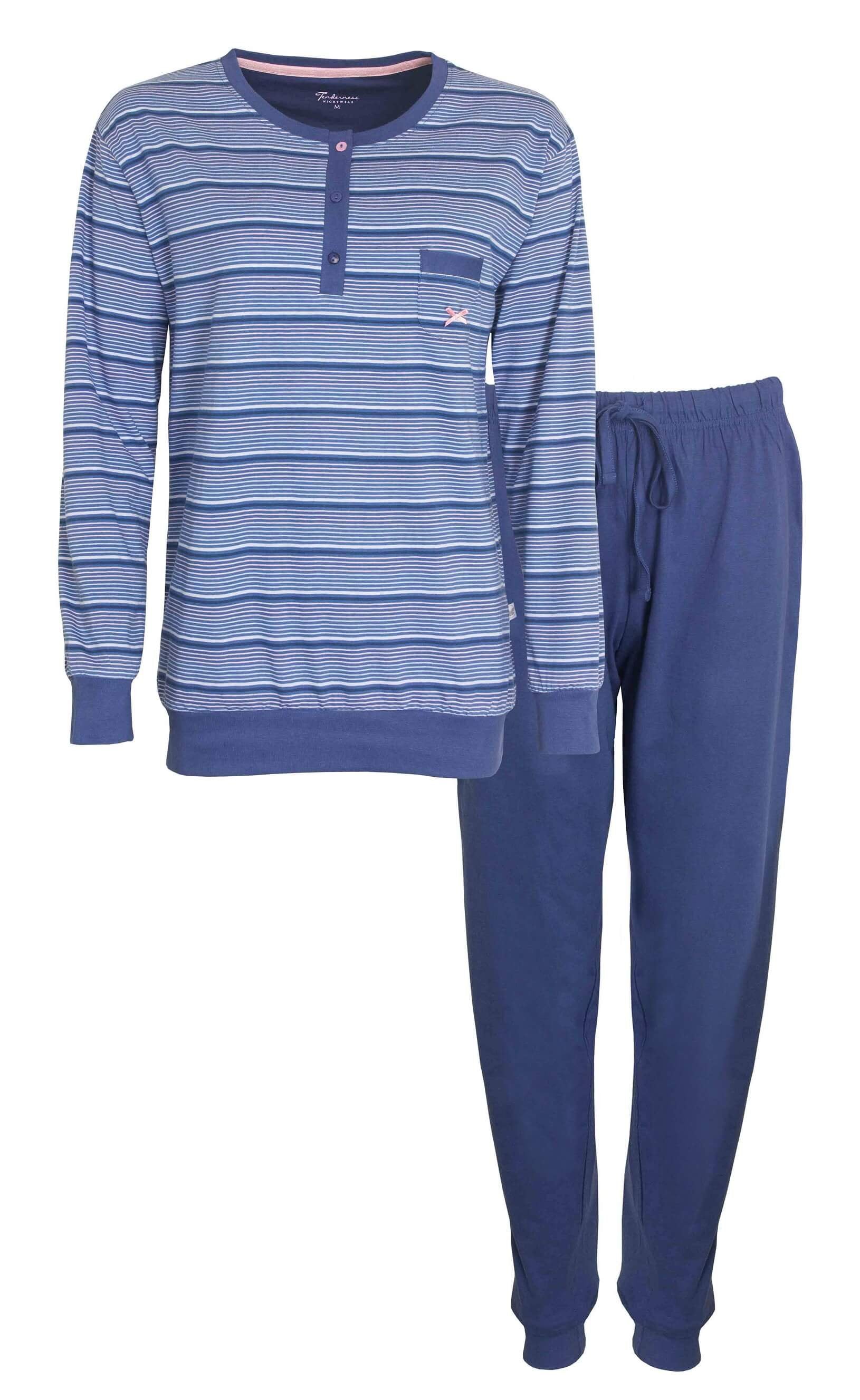 Blauwe gestreepte pyjama set met lange mouwen en polo sluiting, inclusief effen broek met elastische taille