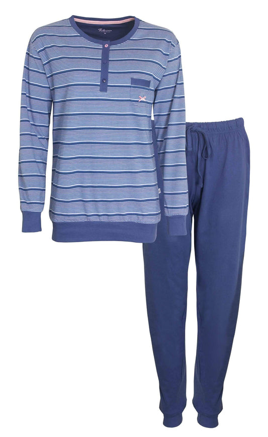 Blauwe gestreepte pyjama set met lange mouwen en polo sluiting, inclusief effen broek met elastische taille