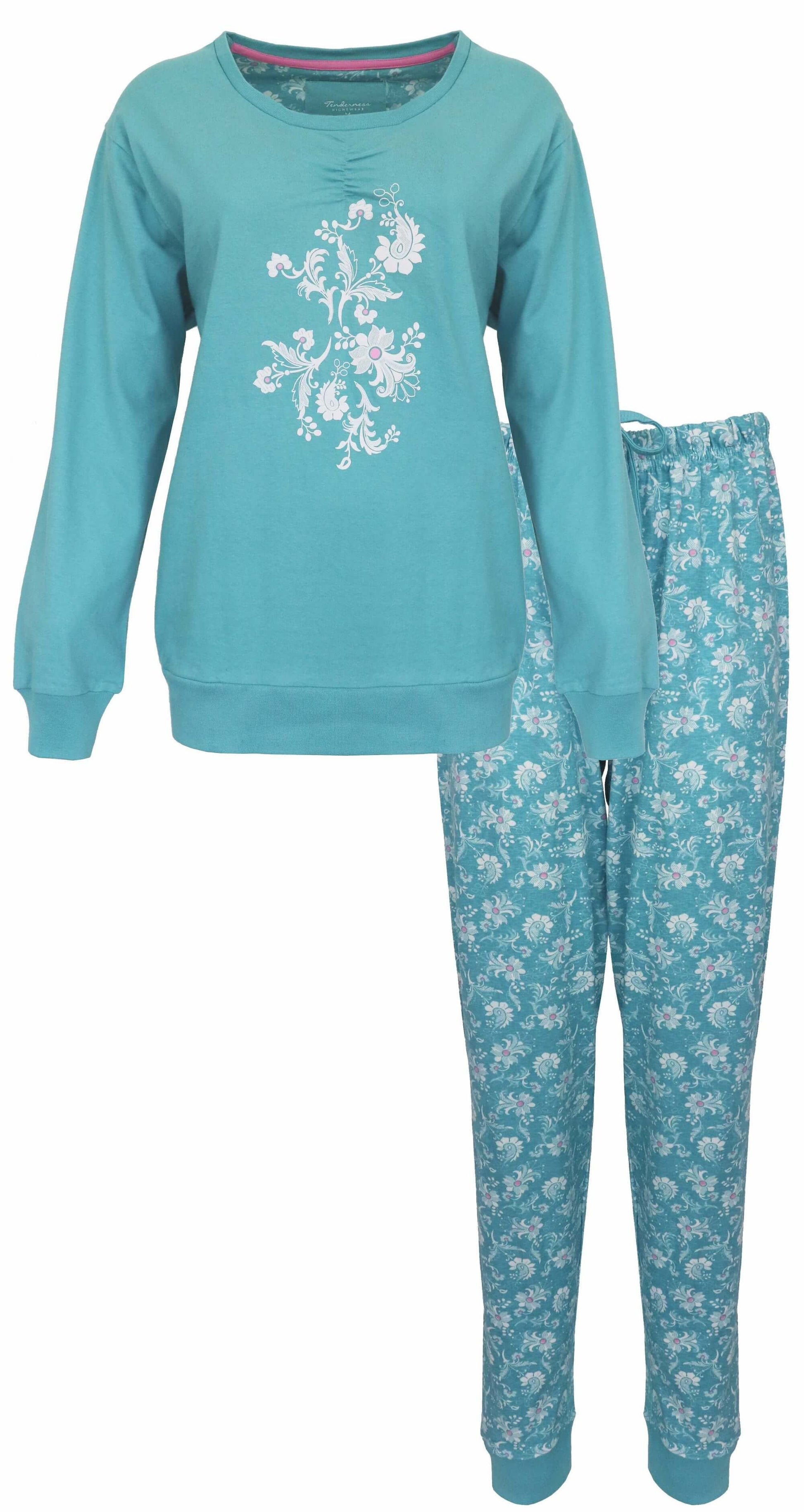 Aqua groene dames pyjama set met bloemenprint. Lange mouwen top en bijpassende broek met all-over patroon.
