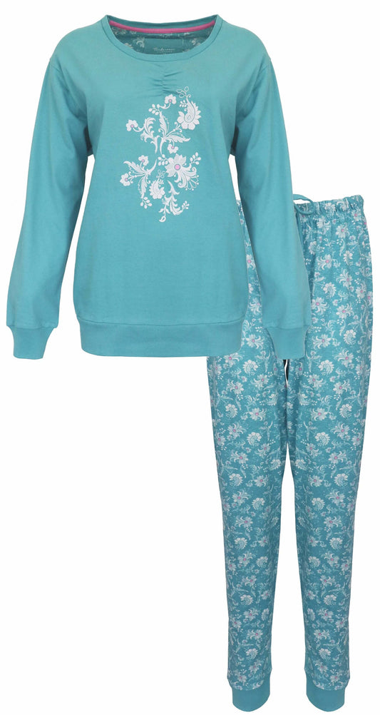 Aqua groene dames pyjama set met bloemenprint. Lange mouwen top en bijpassende broek met all-over patroon.