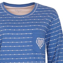 Blauw gestreepte dames pyjama top met lange mouwen, ronde hals en borstzakje met hartapplicatie