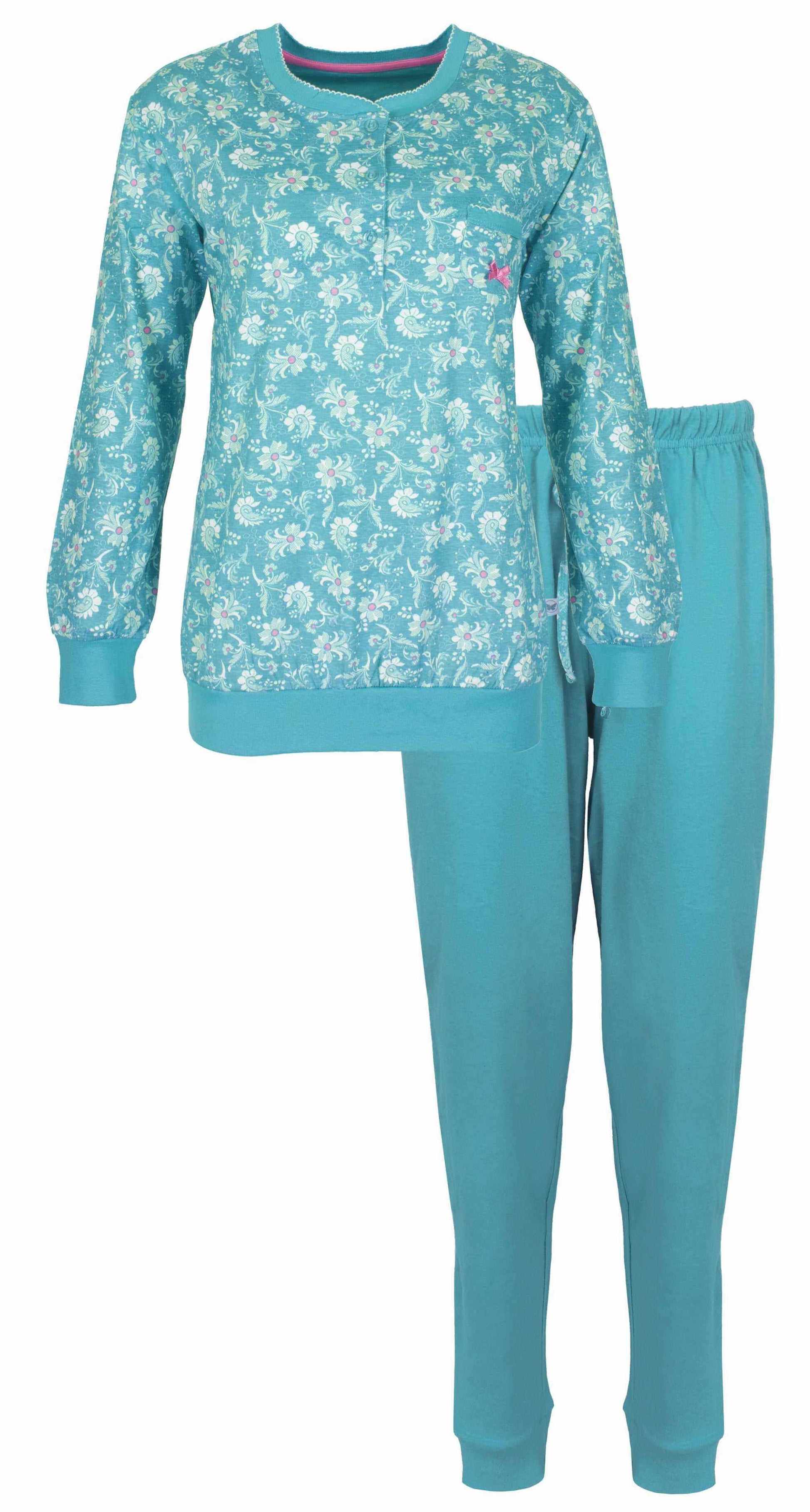 Aqua groene dames pyjama set met bloemenprint op het shirt en effen broek, gemaakt van katoen.