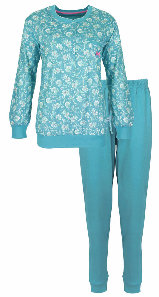 Aqua groene dames pyjama set met bloemenprint op het shirt en effen broek, gemaakt van katoen.