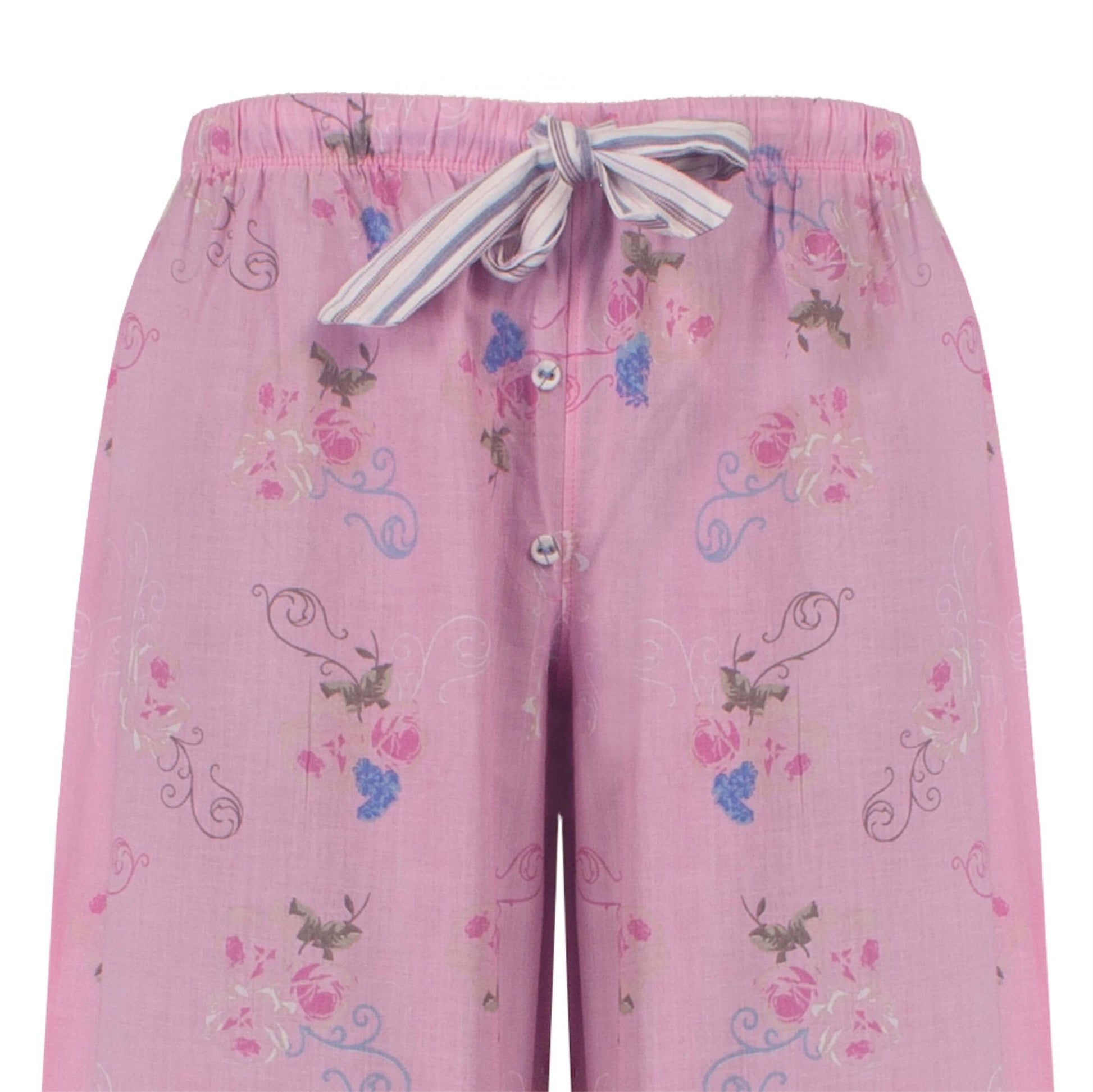 Roze pyjamabroek met bloemenprint, elastische tailleband en gestreept lint als aantrekkoord