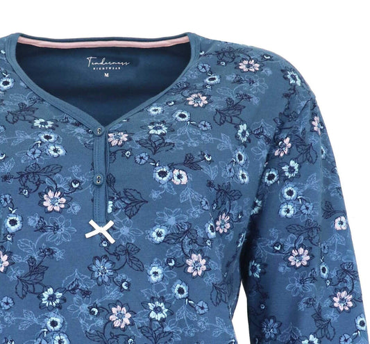 Blauwe katoenen dames pyjama met bloemenprint, polo sluiting en lange mouwen van het merk Tenderness