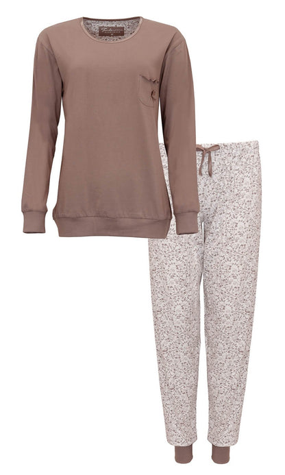 Bruine lange mouwen pyjama top met witte broek met bloemenprint, gemaakt van katoen voor dames