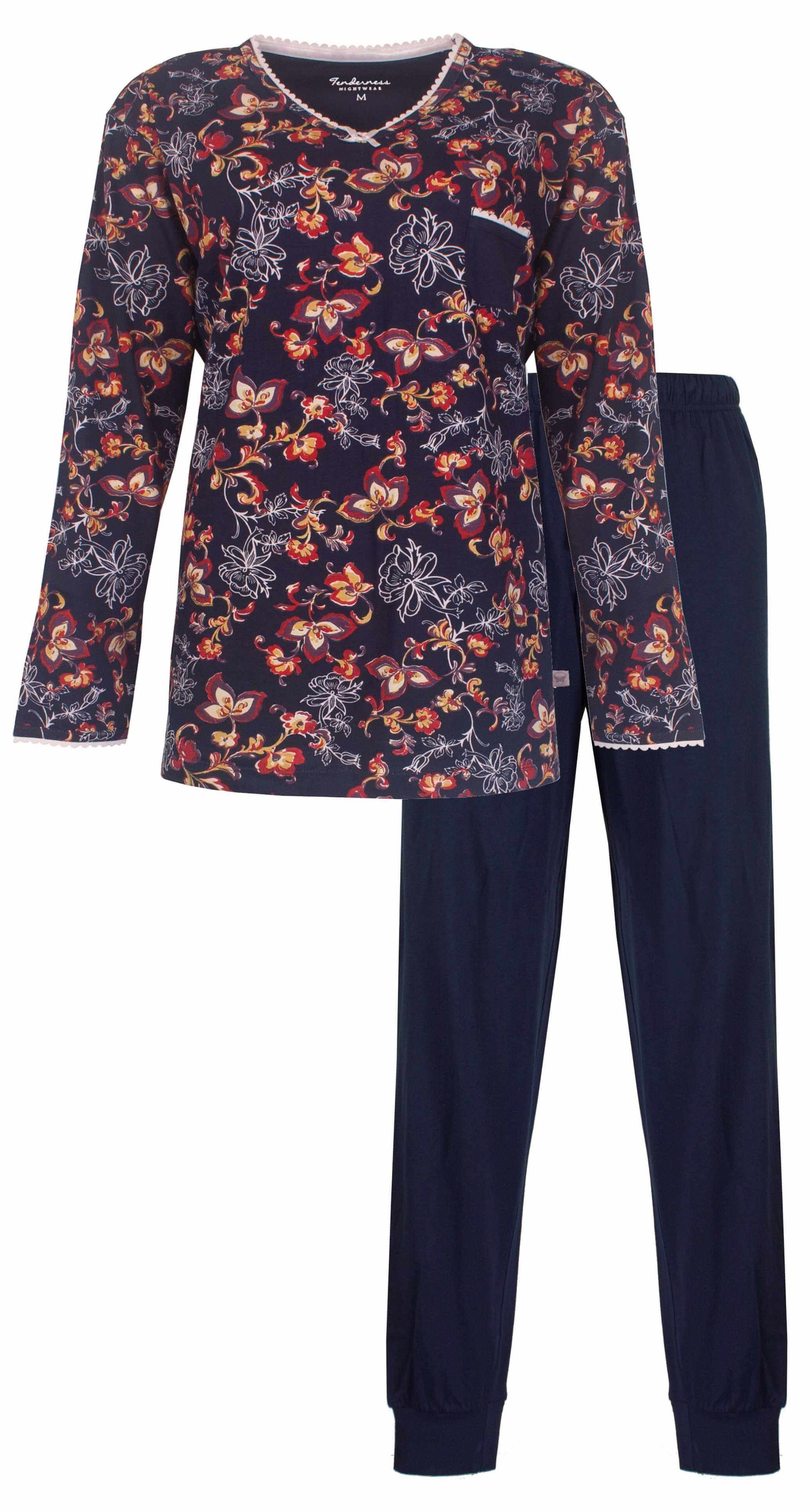 Donkerblauwe pyjama met lange mouwen en broek, versierd met kleurrijke bloemenprint en witte randafwerking