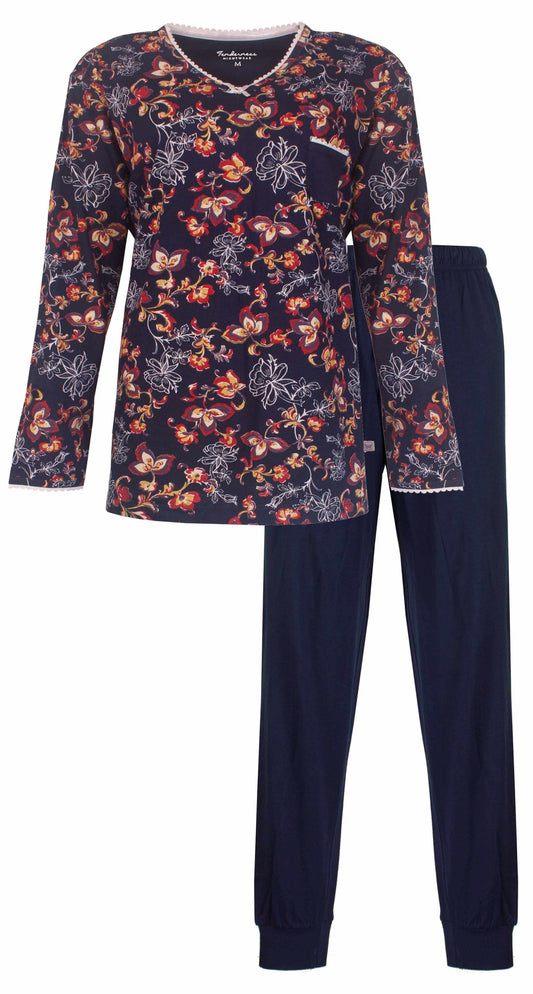 Donkerblauwe pyjama met lange mouwen en broek, versierd met kleurrijke bloemenprint en witte randafwerking