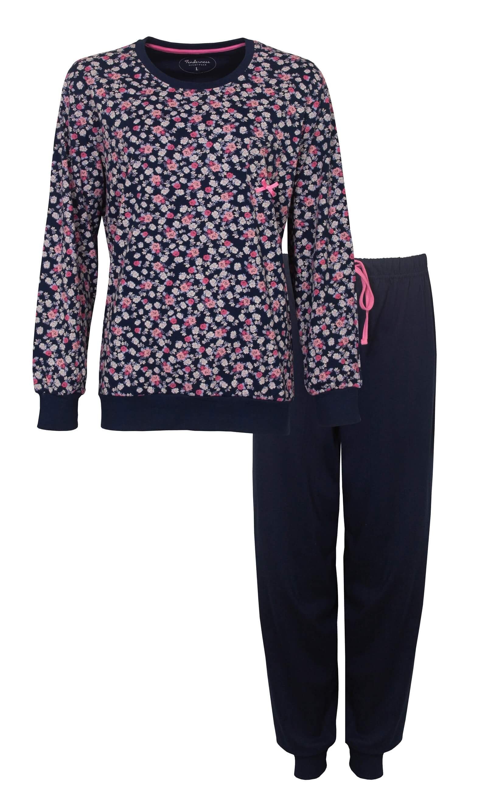 Donkerblauwe katoenen pyjama metames pyjama met roze bloemenwitte bloemenprint en bijpassende effen broek