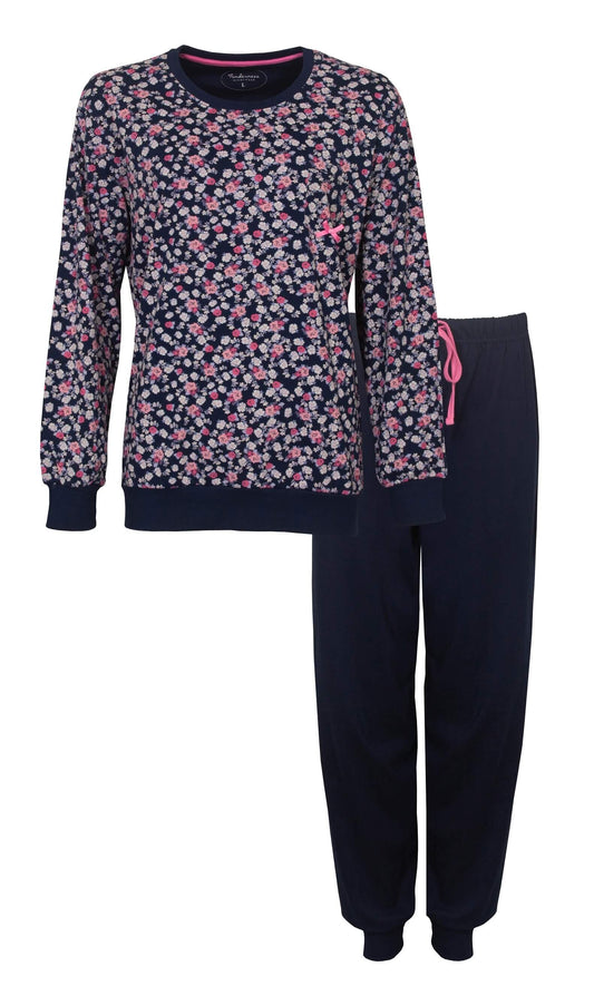 Donkerblauwe katoenen pyjama metames pyjama met roze bloemenwitte bloemenprint en bijpassende effen broek
