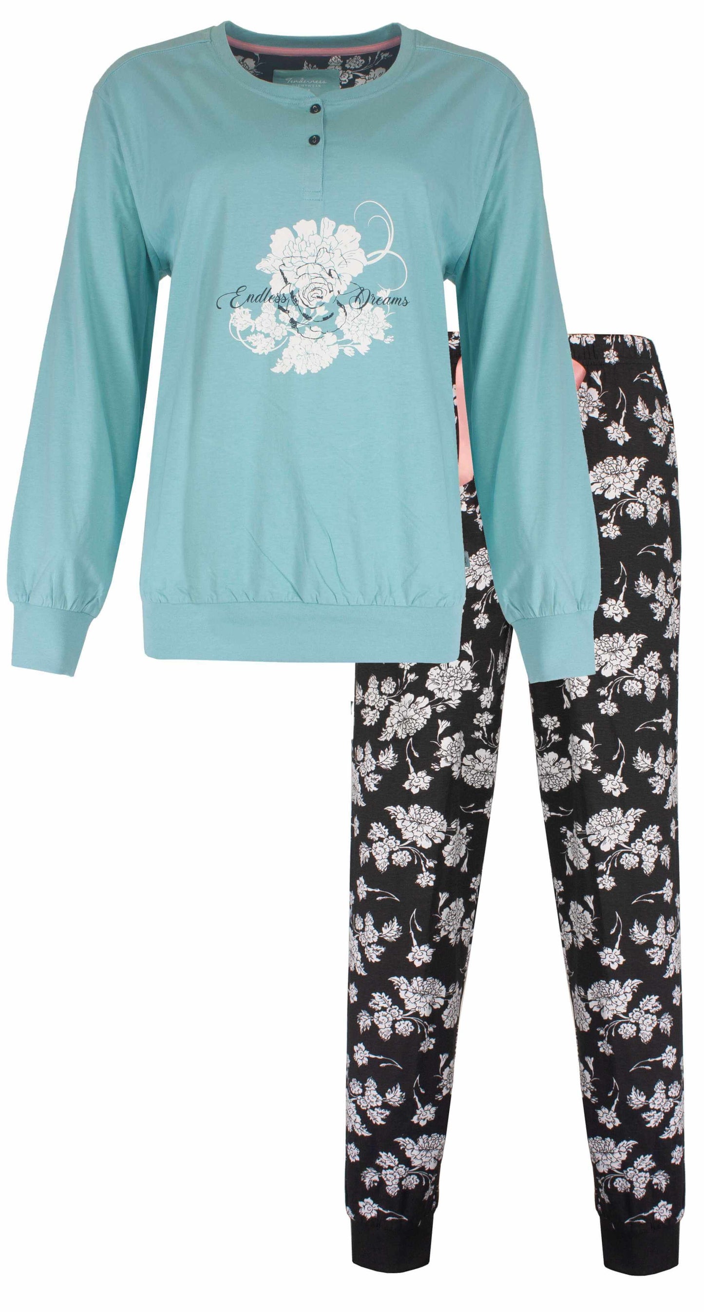 Groene pyjama top met witte bloemenprint en 'Endless Dreams' tekst, met bijpassende zwarte broek met witte bloemen
