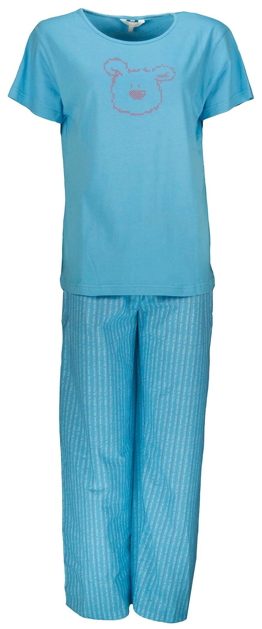 Hemelsblauwe dames pyjama met korte mouwen Trenprint, lange broek met streepjespatroon