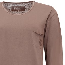 Bruine pyjama top met lange mouwen, ronde hals, borstzakje en satijnen strikje, gemaakt van zacht katoen.