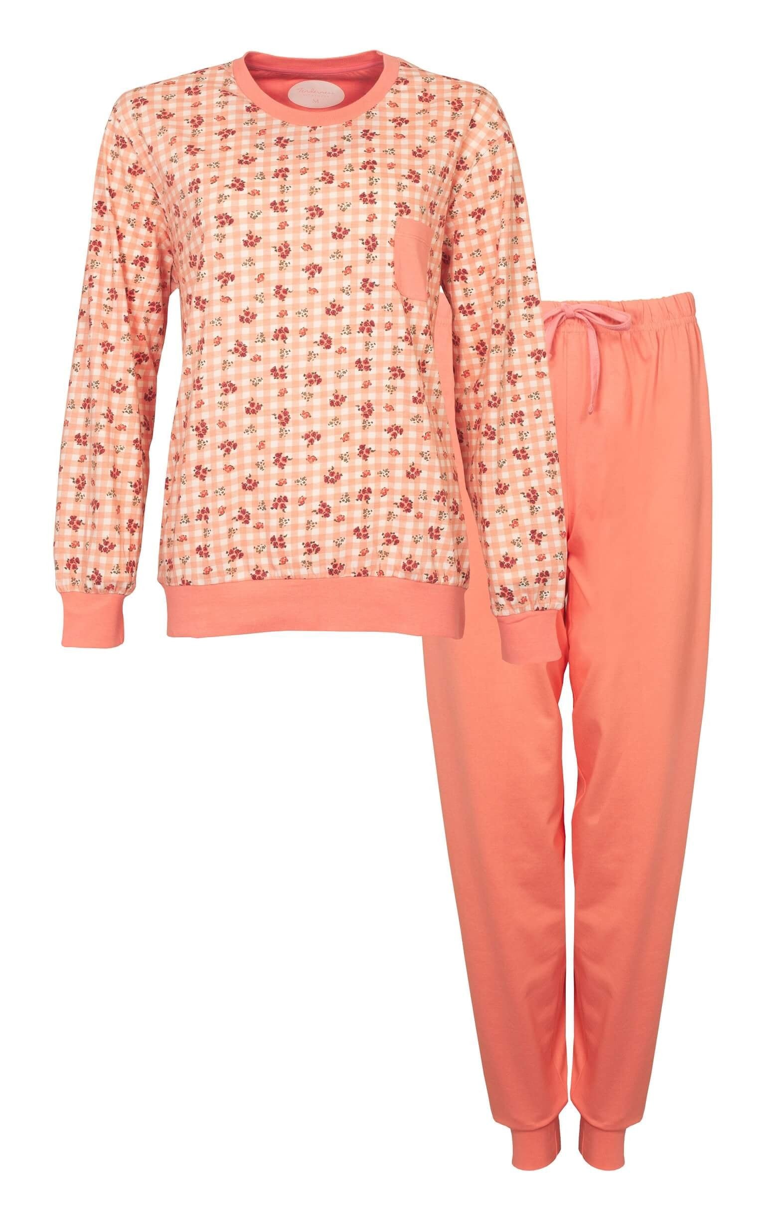 Licht oranje dames pyjama set met bloemenprint top en effen broek, gemaakt van katoen voor comfort