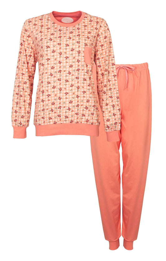 Licht oranje dames pyjama set met bloemenprint top en effen broek, gemaakt van katoen voor comfort