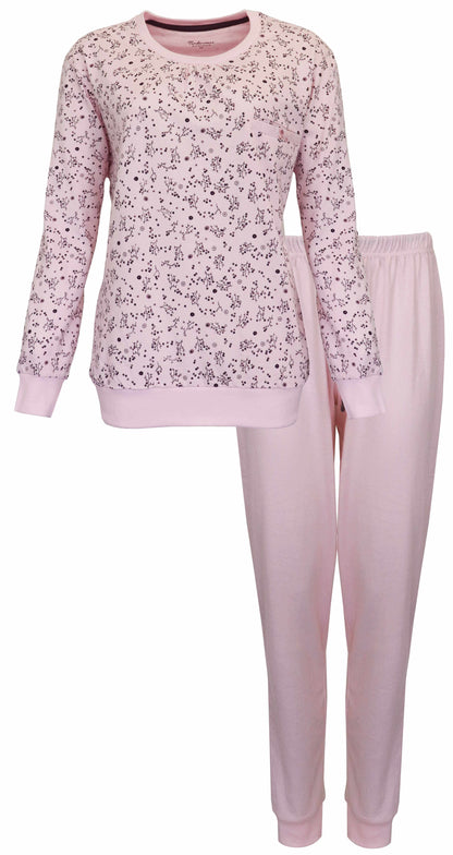 Lichtroze dames pyjama set met bloemenprint op de top en effen broek, gemaakt van katoen jersey