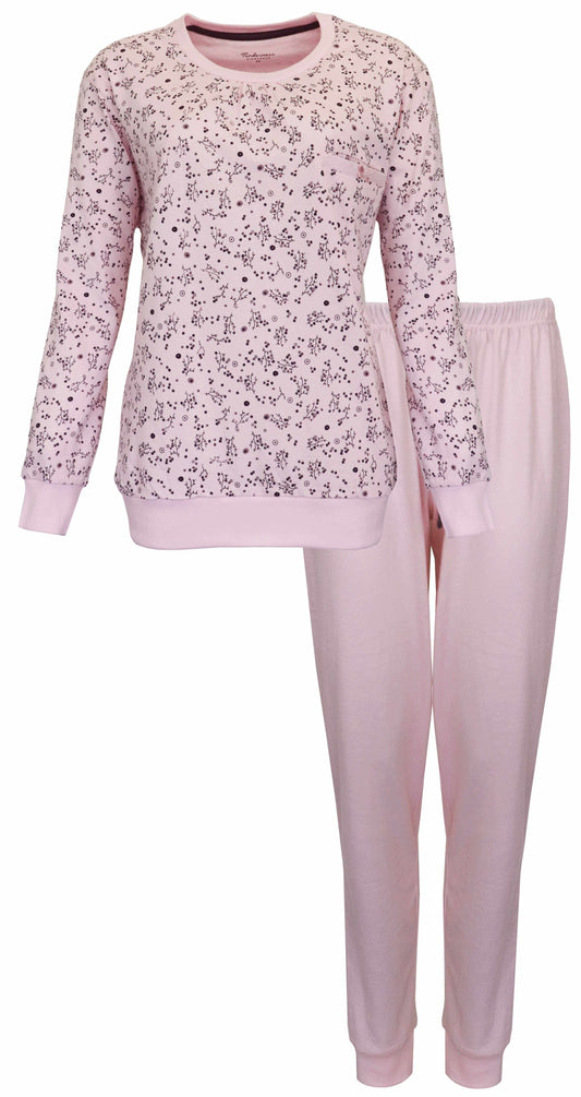 Lichtroze dames pyjama set met bloemenprint op de top en effen broek, gemaakt van katoen jersey