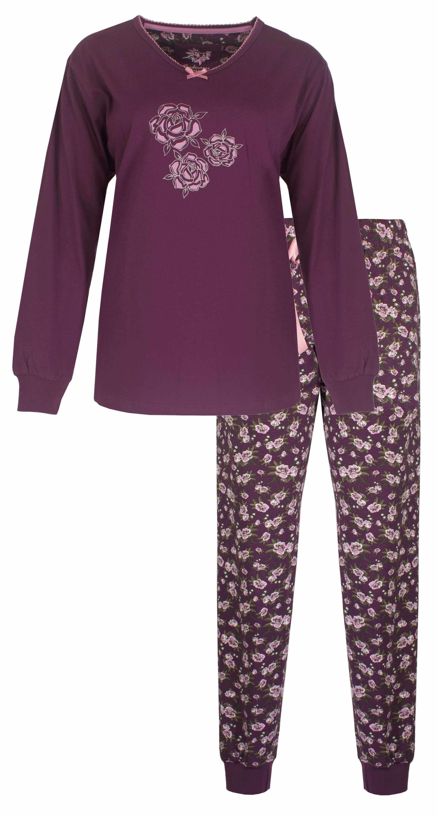 Paarse dames pyjama met lange mouwen en bloemenprint. Shirt met rozenopdruk en bijpassende broek met bloemmotief.