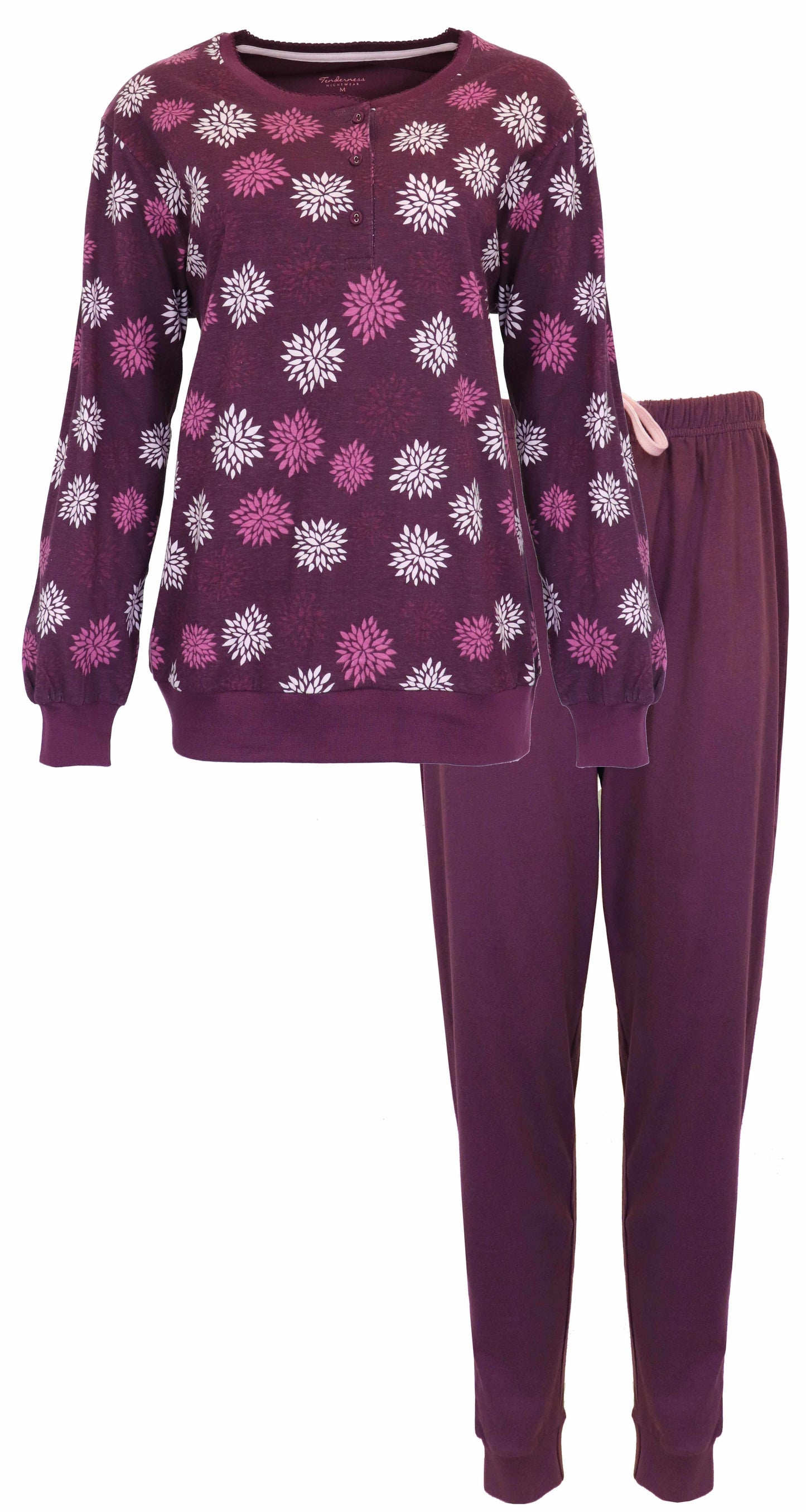 Paarse dames pyjama met witte en roze bloemenprint, lange mouwen en bijpassende broek