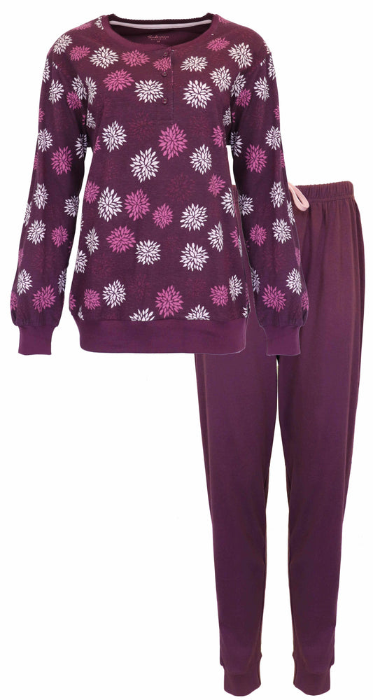 Paarse dames pyjama met witte en roze bloemenprint, lange mouwen en bijpassende broek