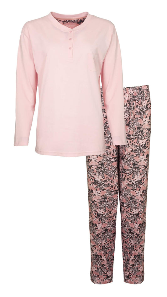 Roze katoenen dames pyjama set met lange mouwen en polo sluiting, bijpassende broek met bloemenprint