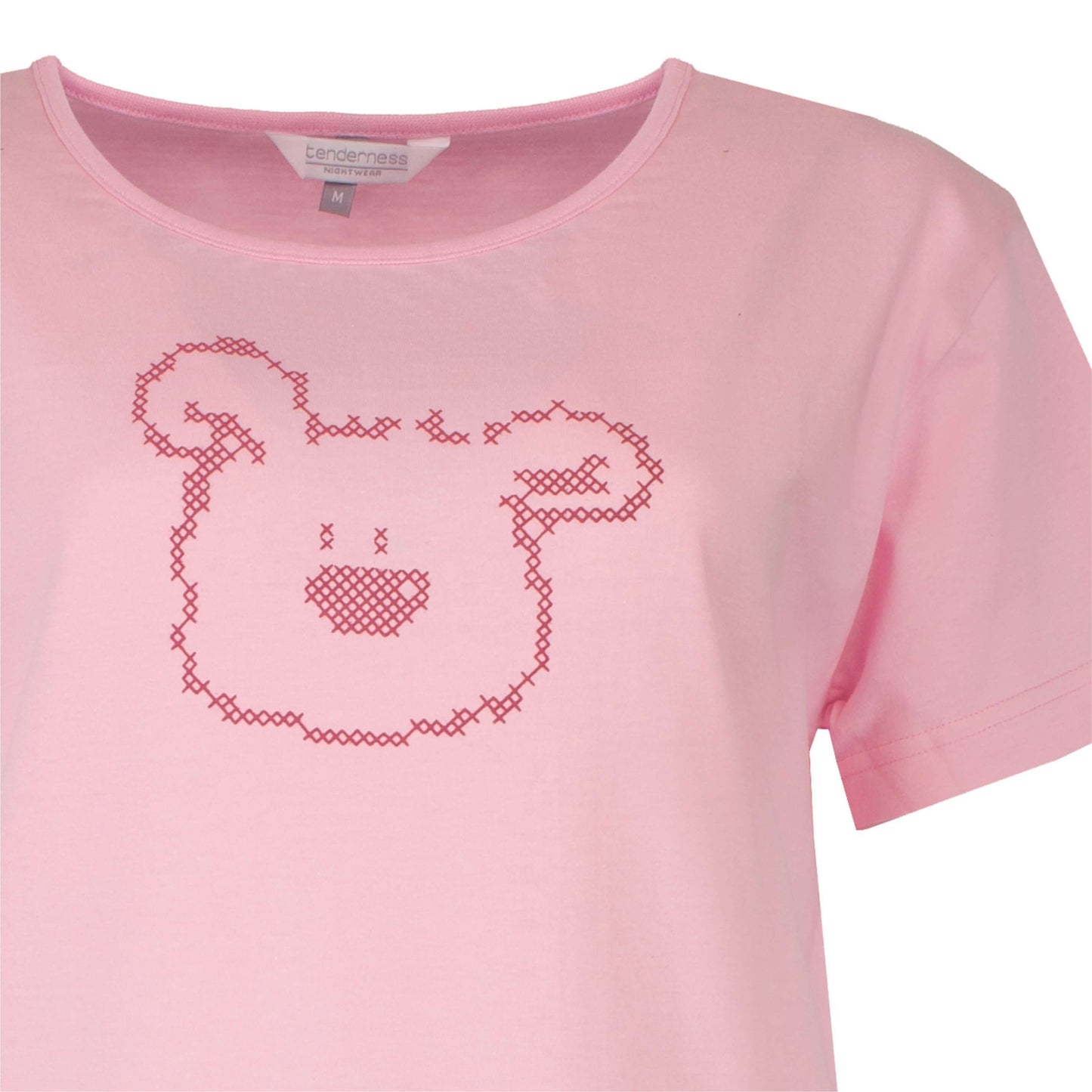 Roze katoenen pyjama-top met korte mouwen en een geborduurd berenhoofd in kruissteek op de voorkant.