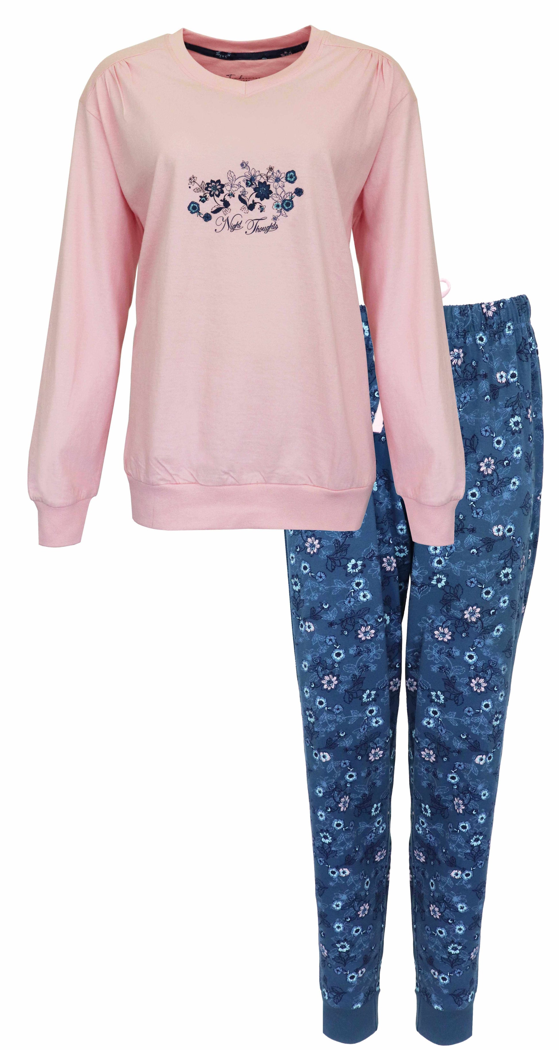 Roze katoenen pyjama met lange mouwen en bloemprint, bijpassende blauwe broek met bloemenpatroon