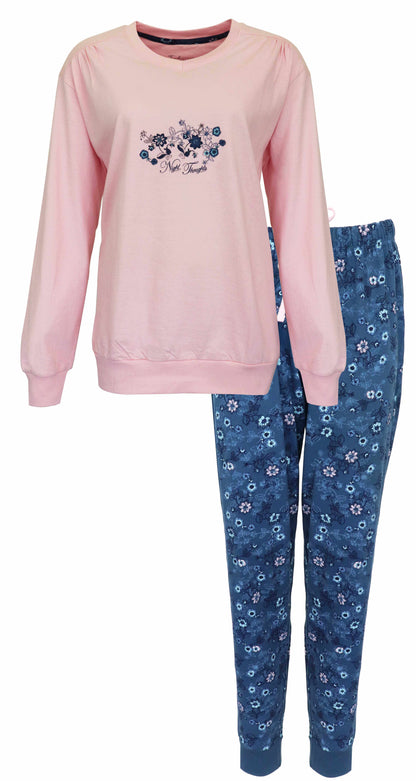 Roze katoenen pyjama met lange mouwen en bloemprint, bijpassende blauwe broek met bloemenpatroon