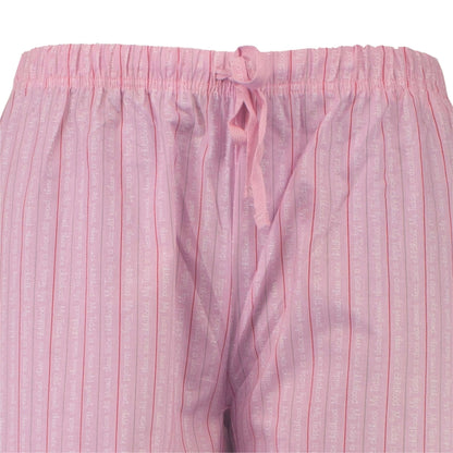 Roze gestreepte pyjamabroek met elastische tailleband en trekkoord, gemaakt van katoen poplin stof.