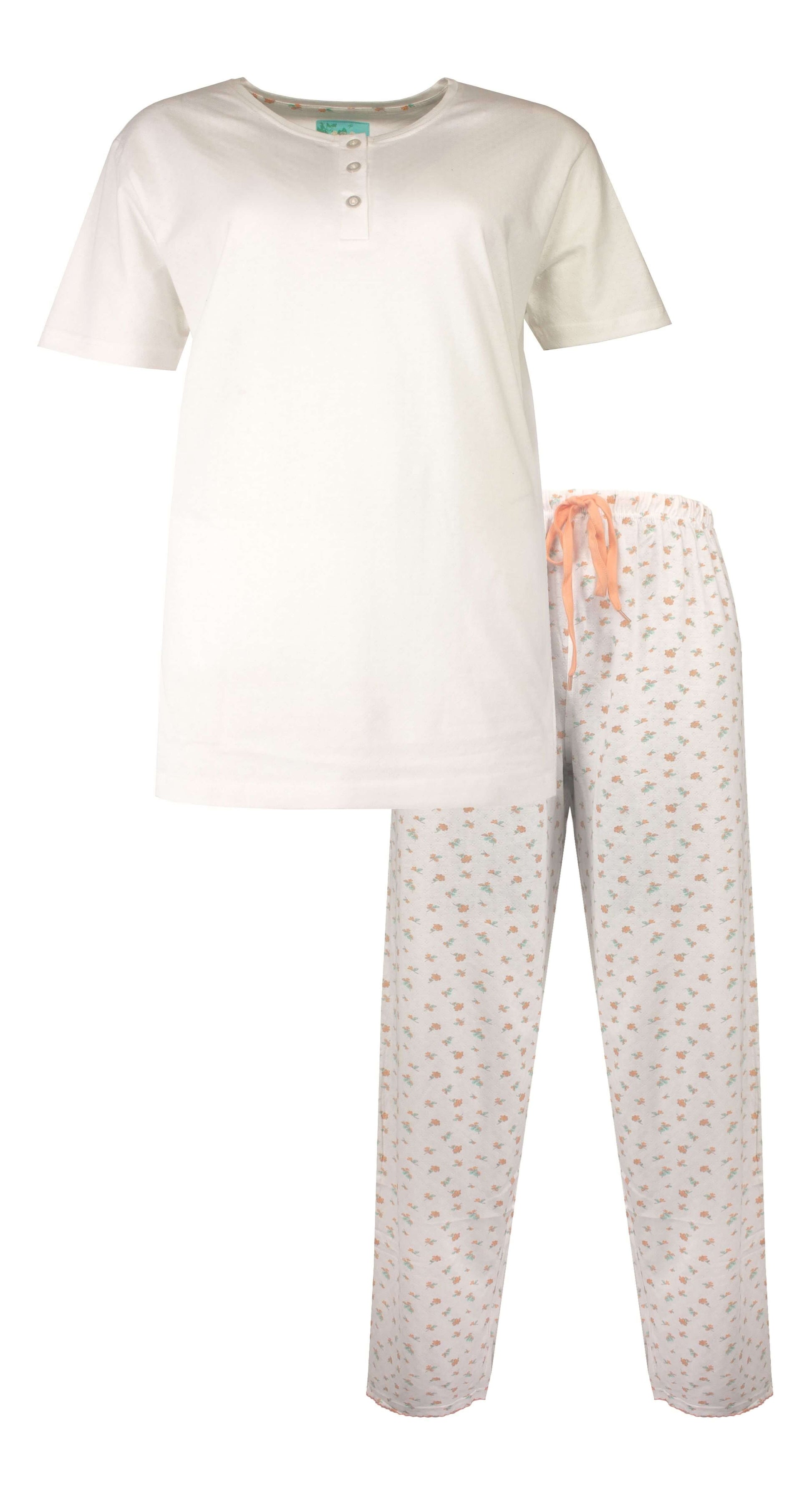 Witte katoenen pyjama set met polo-top en lange broek met bloemetjesprint en oranje koord