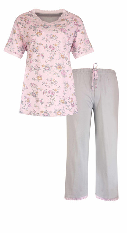 Roze pyjama set met bloemenprint, kort bijpassende grijze broek met roze strik