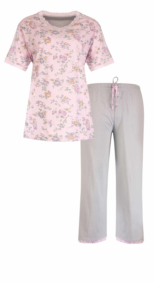 Roze pyjama set met bloemenprint, kort bijpassende grijze broek met roze strik