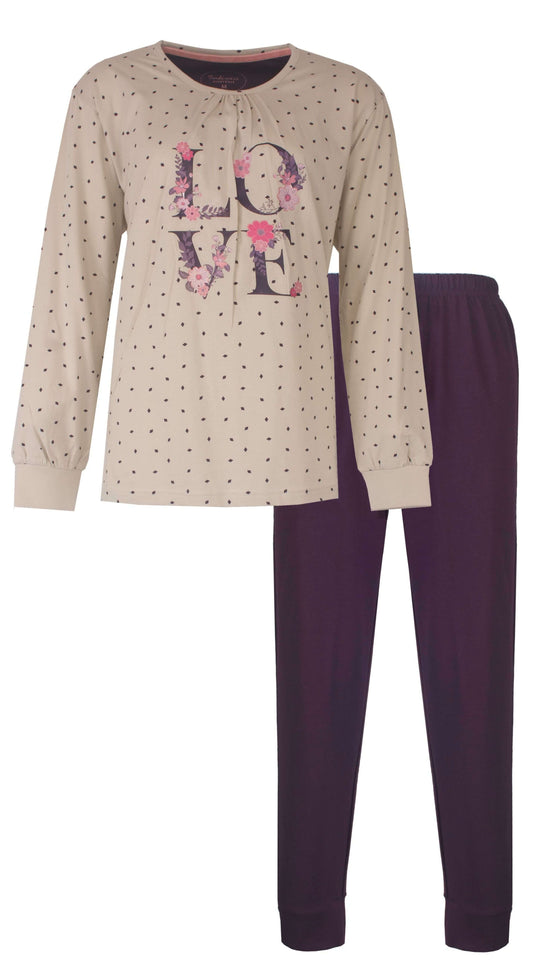 Beige pyjama met lange mouwen, gestippeld patroon en 'LOVE' opdruk, paarse broek