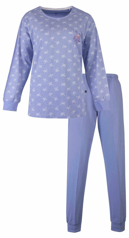 Lavendel lila pyjama set met bloemenprint op de top en effen broek, lange mouwen en kleine borduursels