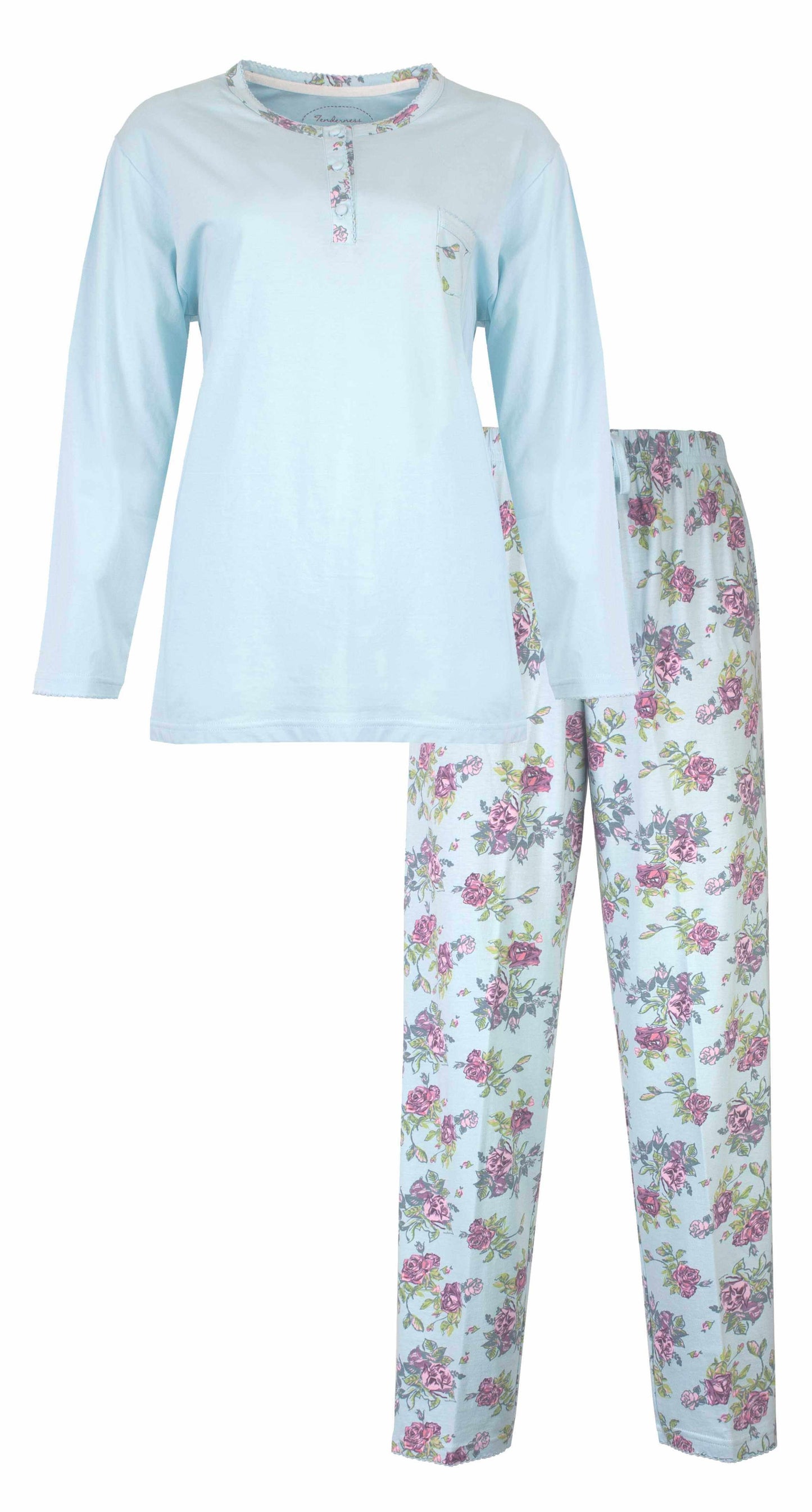 Lichtblauwe dames pyjama met lange mouwen en bloemenprint broek, gemaakt door Tenderness.