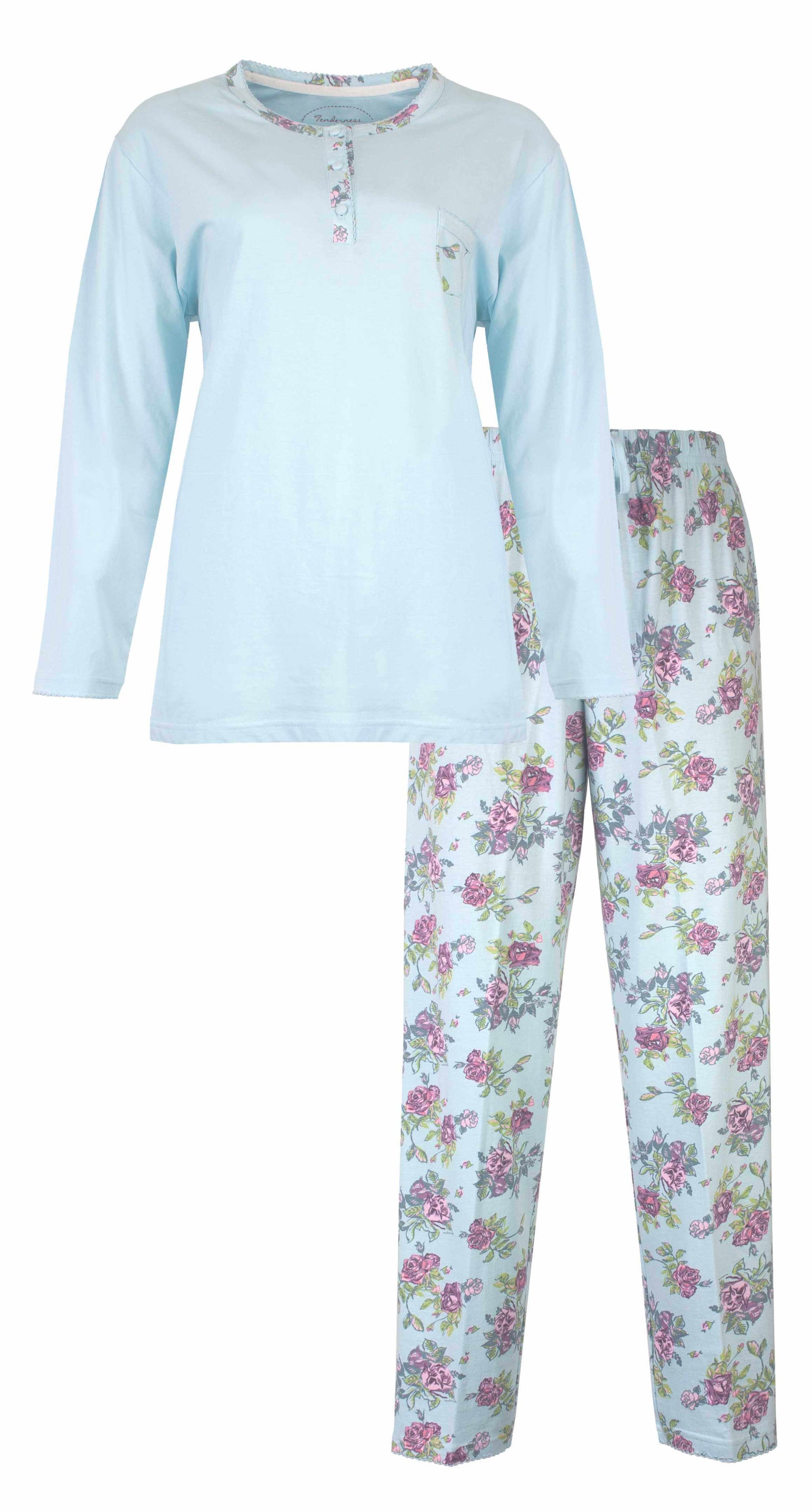 Lichtblauwe dames pyjama met lange mouwen en bloemenprint broek, gemaakt door Tenderness.