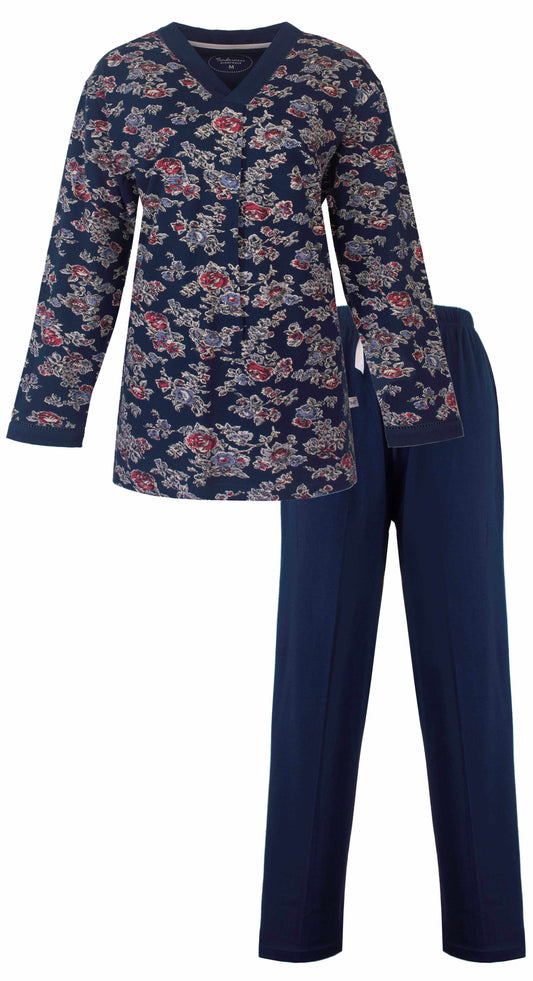 Marineblauwe pyjama met lange mouwen, bloemenprint in rood en grijs, en effen blauwe broek