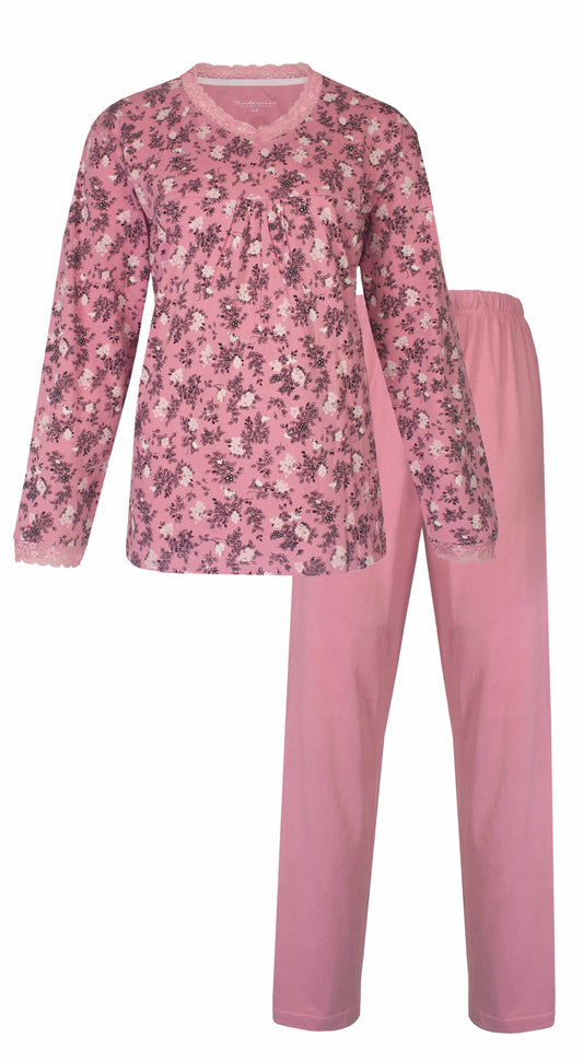 Roze dames pyjama met lange mouwen en bloemenprint, bestaande uit een top en effen broek