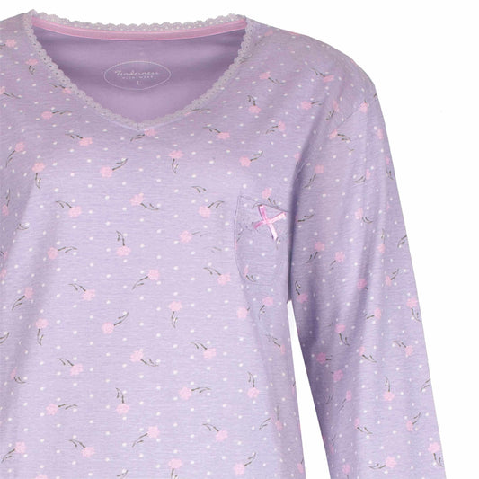 Lavendel lila pyjama-top met kleine roze bloemetjes en witte stippen, V-hals met kanten rand en lange mouwen