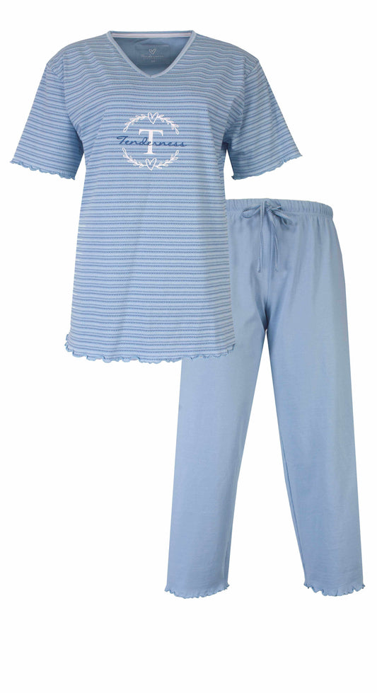 Lichtblauwe dames pyjama met gestreept shirt en effen broek, Tenderness logo op de borst.