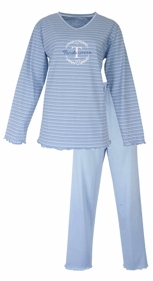 Lichtblauwe gestreepte dames pyjama met lange mouwen en broek, 'Tenderness' opdruk op de top