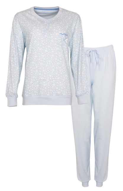 Lichtblauwe dames pyjama set met gebloemde top en lange broek, gemaakt van 100% katoen