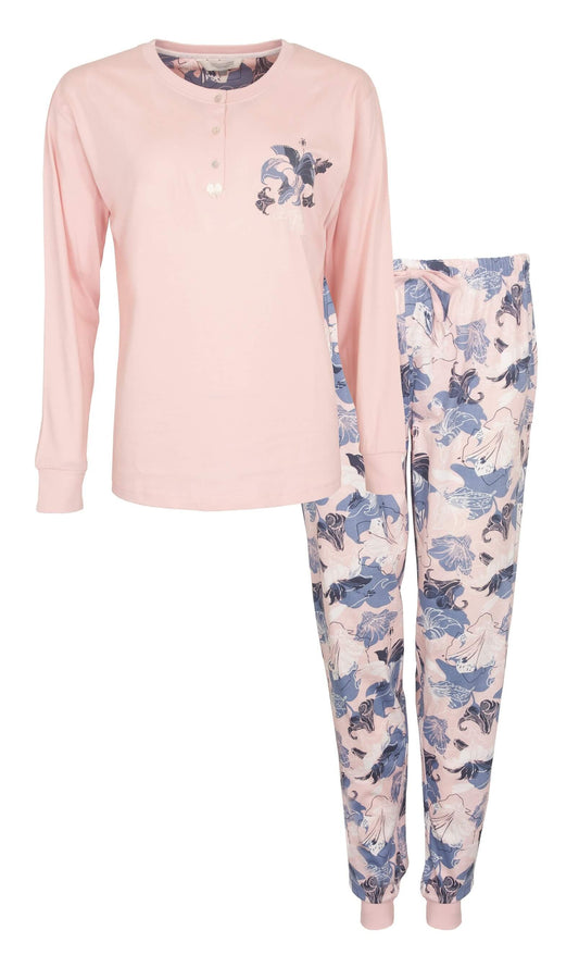 Lichtroze dames pyjama set met lange mouwen en bloemenprint broek in blauw en roze tinten